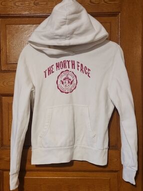 The North Face White Hoodie with Pink Logo Seal